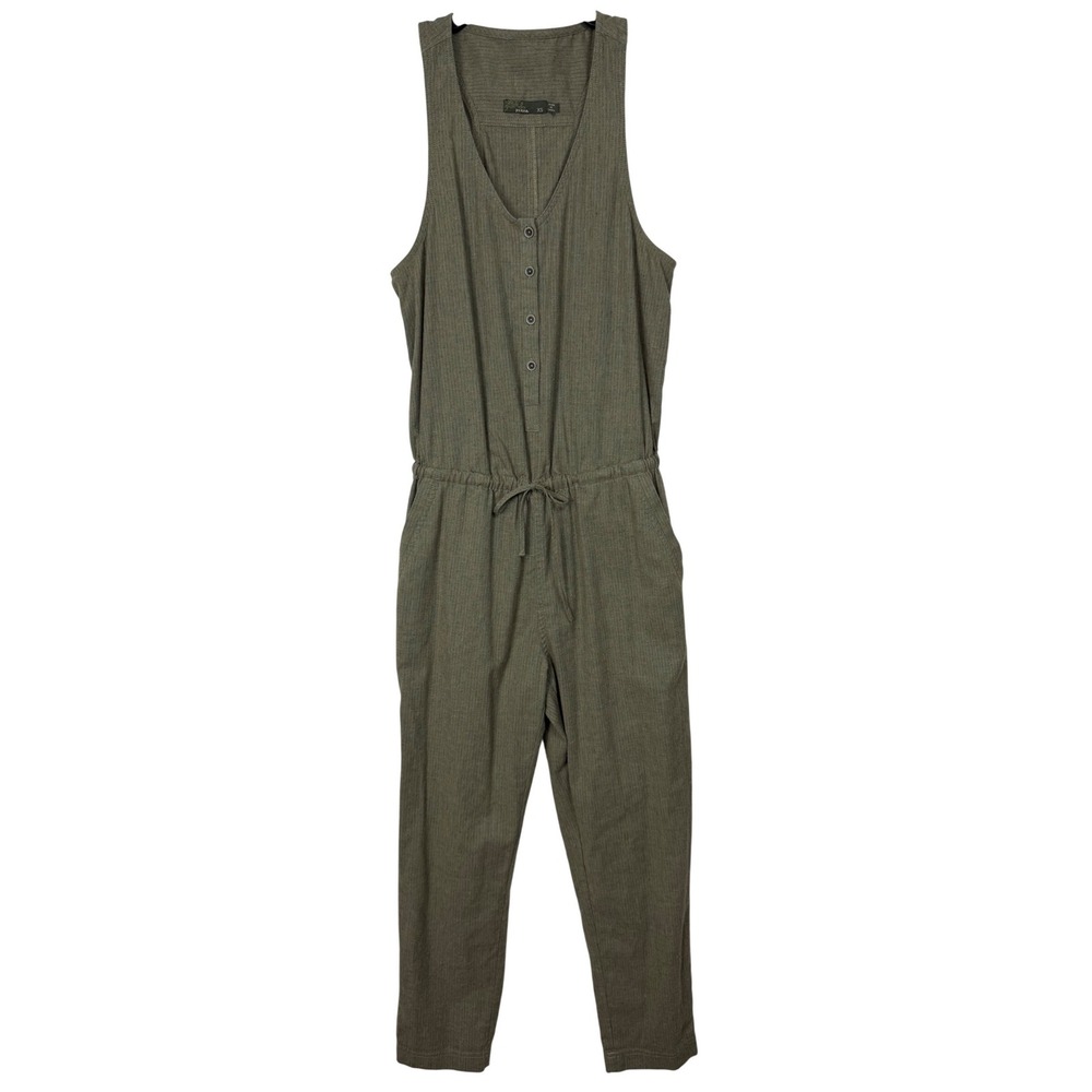 PrAna Hemp Blend‎ Jumpsuit Women XS Green Henley Racerback Drawstring Pocket
